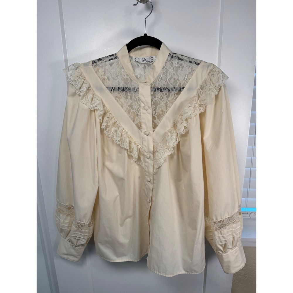 Vintage 1980s Chaus Romantic Lace Blouse Victorian Prairie Poet Top Size 12